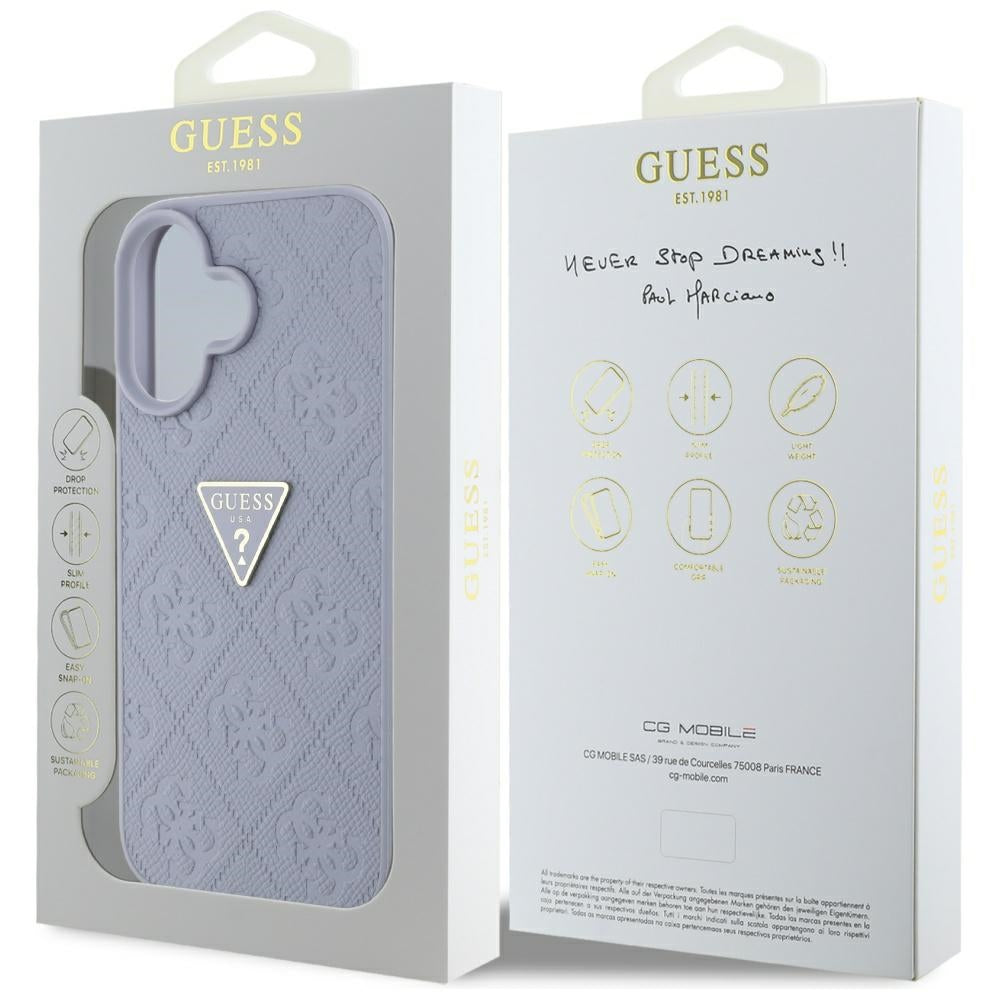 Custodia per Apple iPhone 16, Guess, Hot Stamp 4G Pattern Triangle Logo, Viola Chiaro.