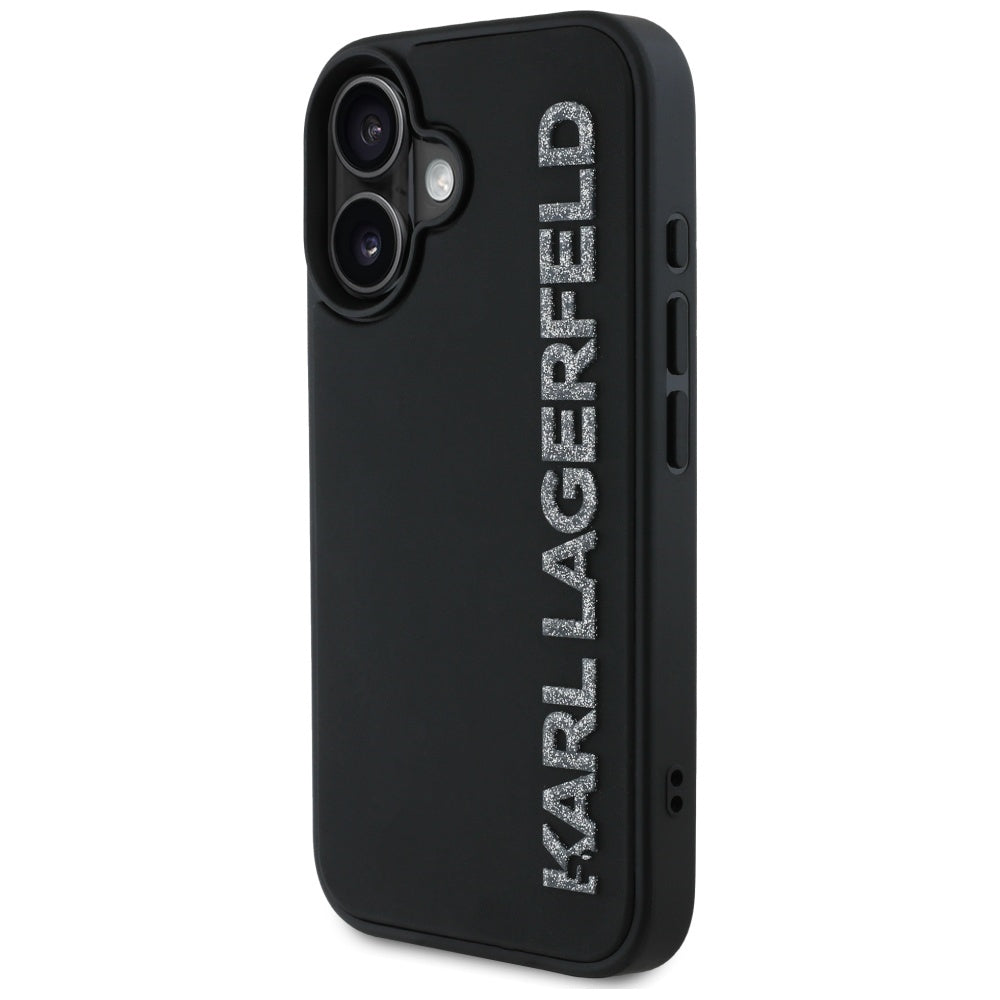 Custodia per Apple iPhone 16, Karl Lagerfeld, 3D Rubber Elongated Glitter Logo, Nera
