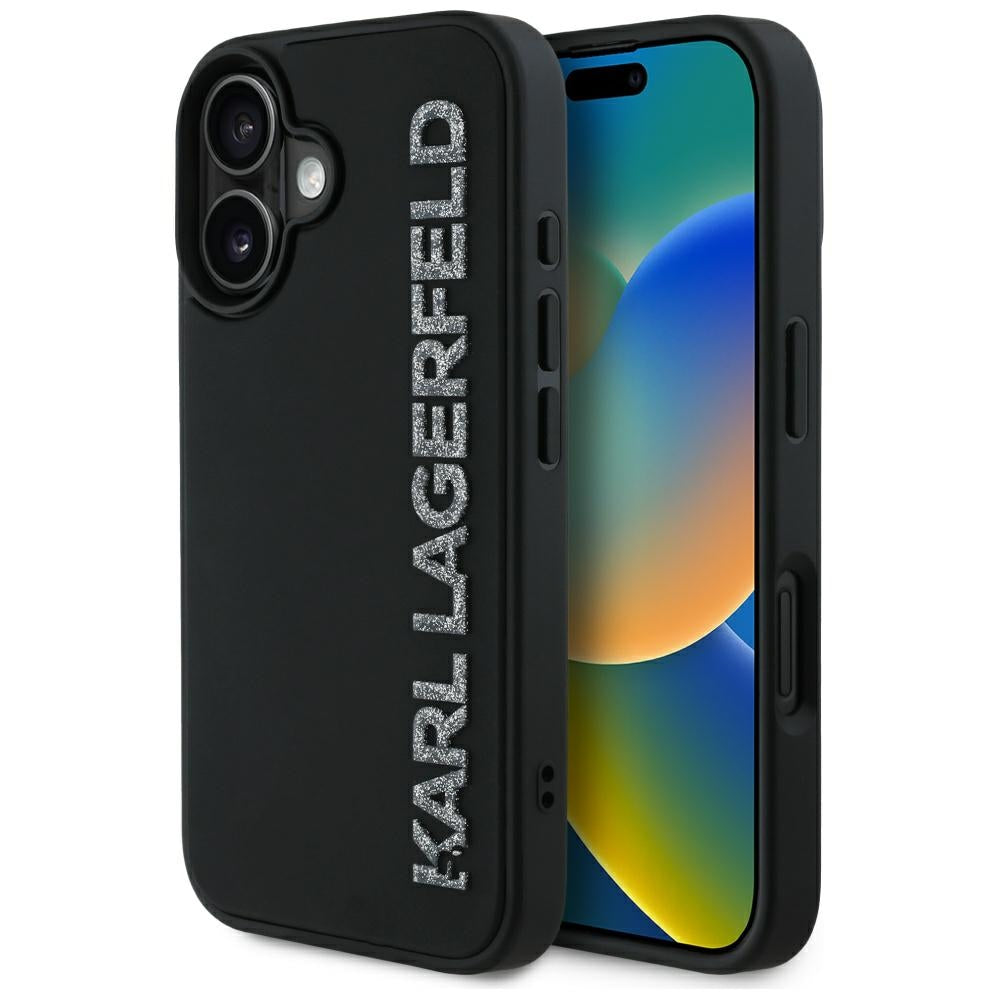 Custodia per Apple iPhone 16, Karl Lagerfeld, 3D Rubber Elongated Glitter Logo, Nera