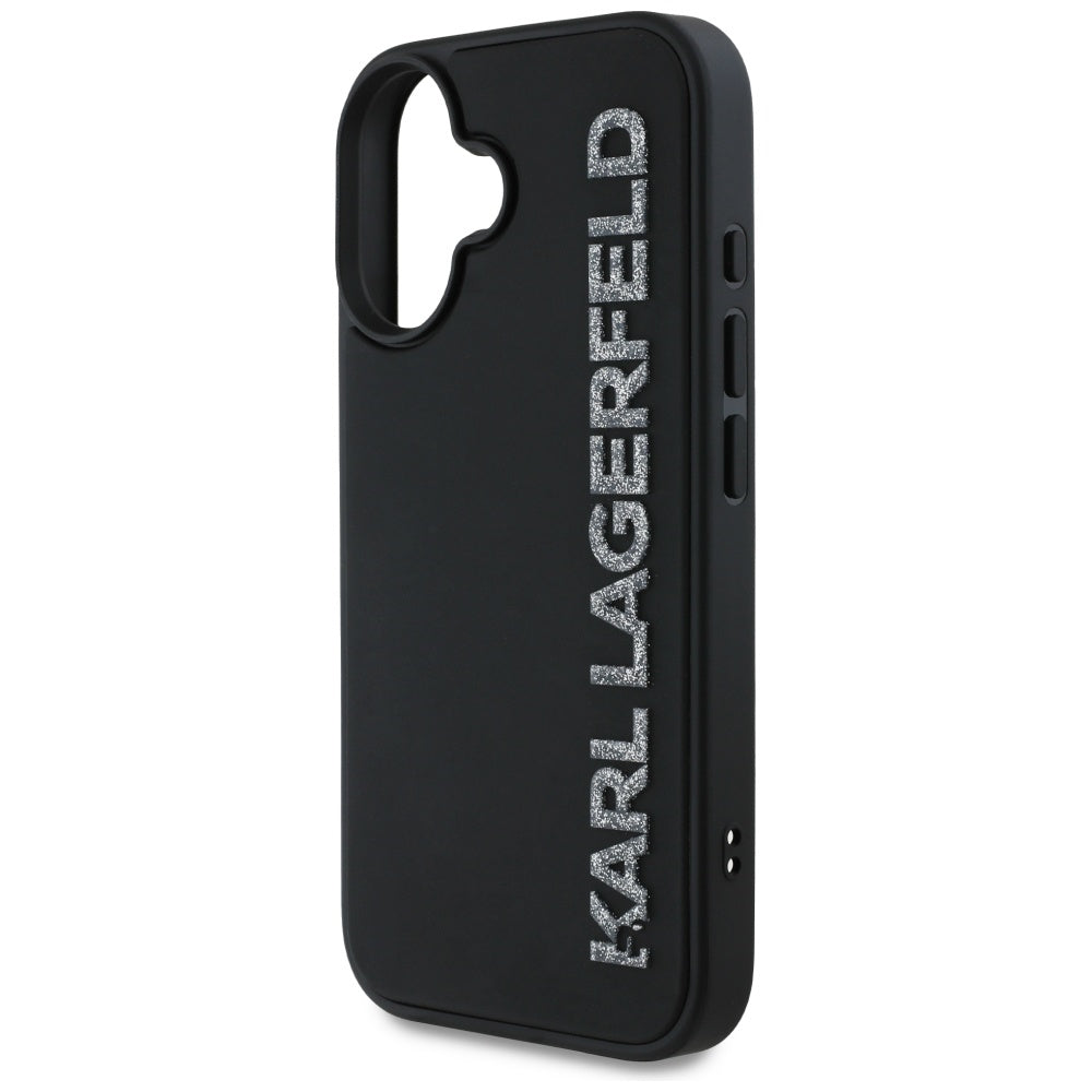 Custodia per Apple iPhone 16, Karl Lagerfeld, 3D Rubber Elongated Glitter Logo, Nera