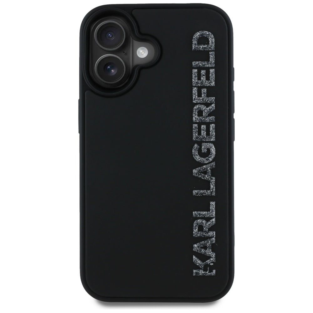Custodia per Apple iPhone 16, Karl Lagerfeld, 3D Rubber Elongated Glitter Logo, Nera