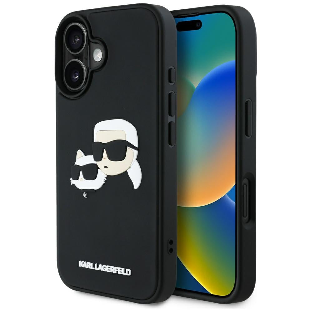 Custodia per Apple iPhone 16, Karl Lagerfeld, 3D Rubber Karl & Choupette, Nera
