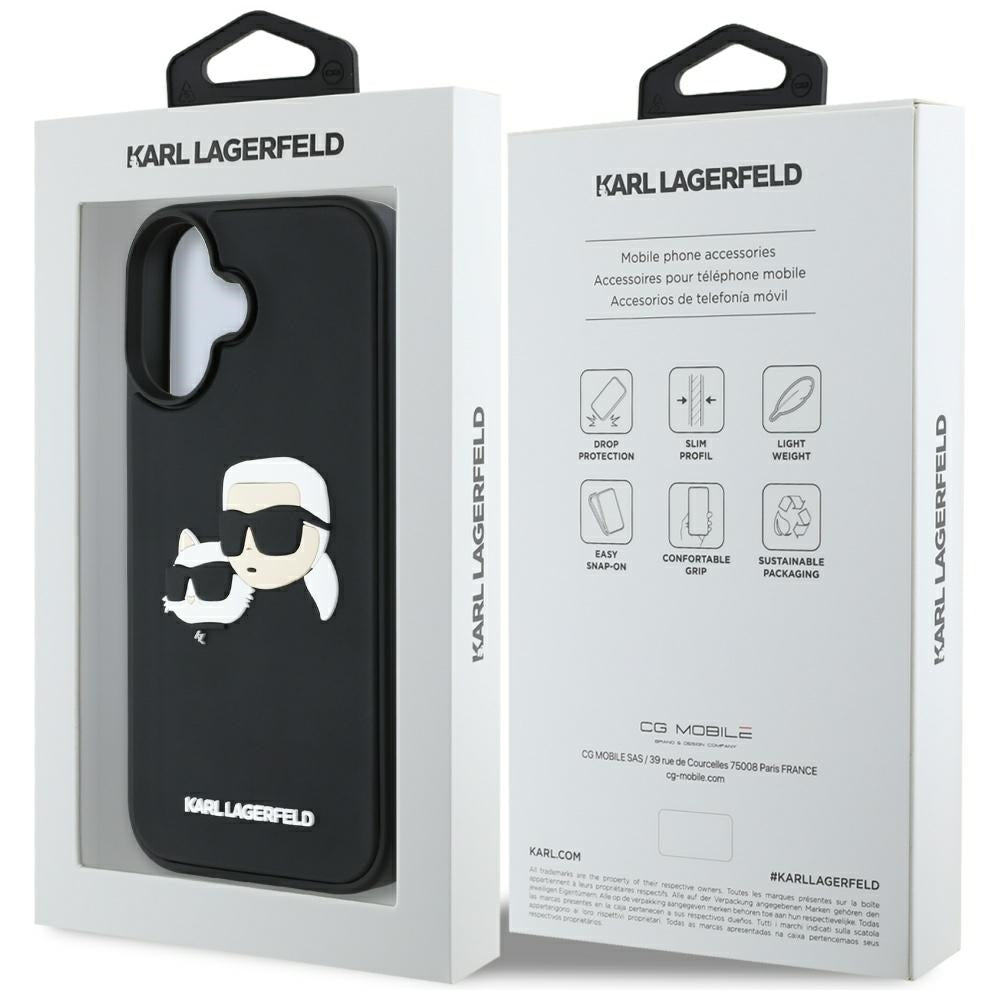 Custodia per Apple iPhone 16, Karl Lagerfeld, 3D Rubber Karl & Choupette, Nera