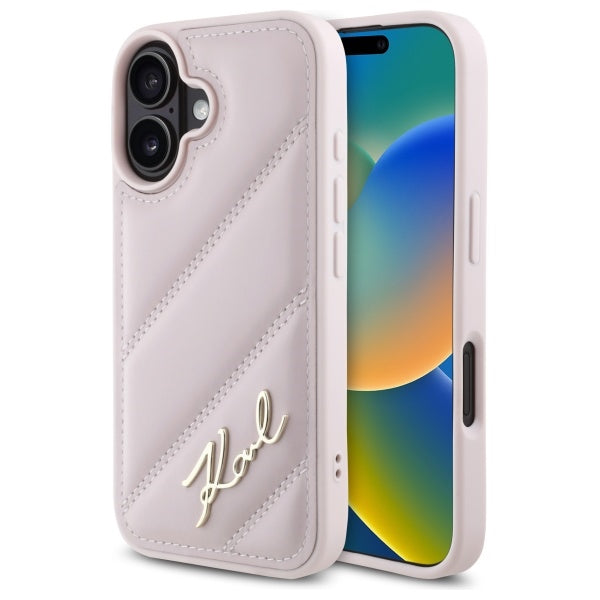 Custodia per Apple iPhone 16, Karl Lagerfeld, Diagonal Quilted Script, Rosa