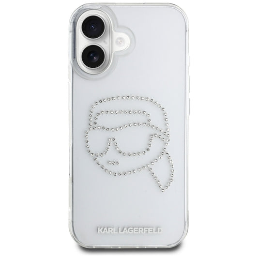 Custodia per Apple iPhone 16, Karl Lagerfeld, IML Rhinestones Karl's Head, Trasparente