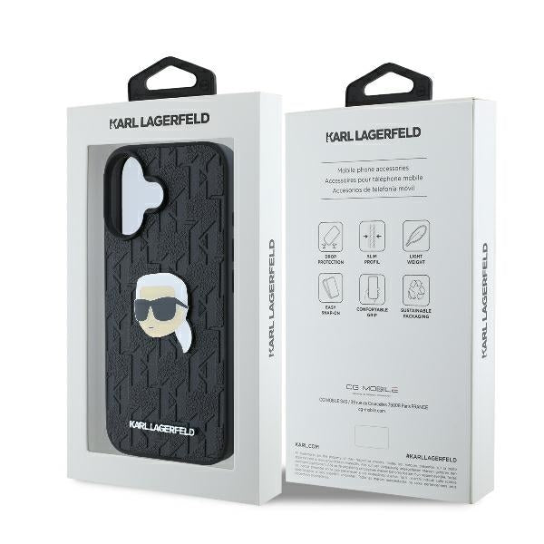 Custodia per Apple iPhone 16, Karl Lagerfeld, Monogramma Karl's Head, Nera