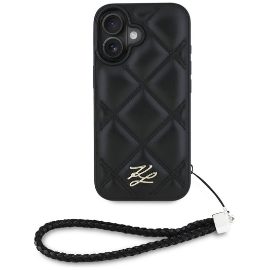 Custodia per Apple iPhone 16, Karl Lagerfeld, Quilted Initial Logo & Chain Strap, Nera