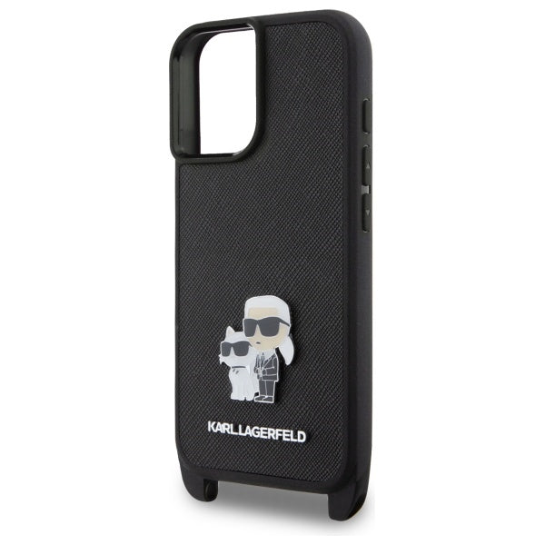 Custodia per Apple iPhone 16, Karl Lagerfeld, Saffiano Crossbody Metal Pin Karl & Choupette, Bianca