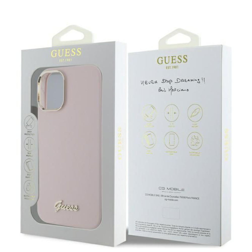 Case for Apple iPhone 16 Plus, Guess, Script Metal Logo & Frame, Pink