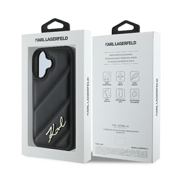 Custodia per Apple iPhone 16 Plus, Karl Lagerfeld, Diagonal Quilted Script, Nera
