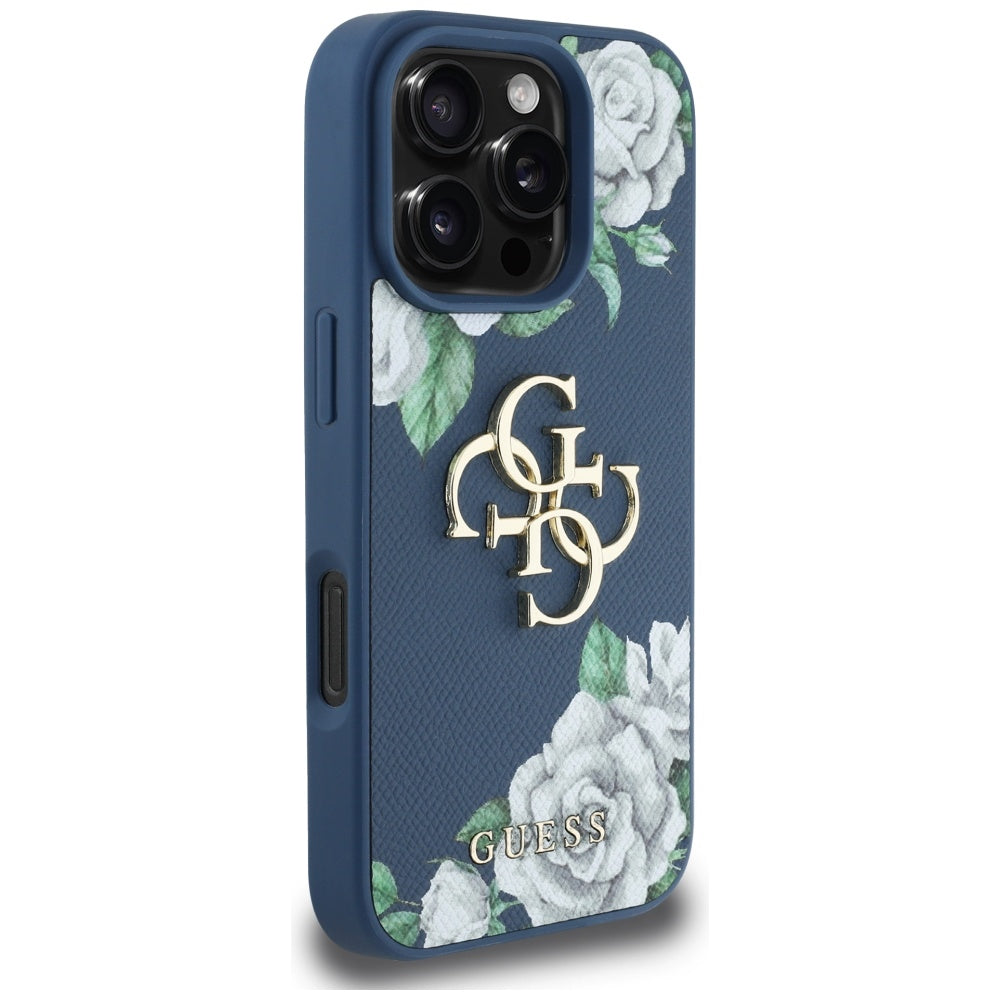 Custodia per Apple iPhone 16 Pro, Guess, 4G Grained Roses Big Logo, Blu