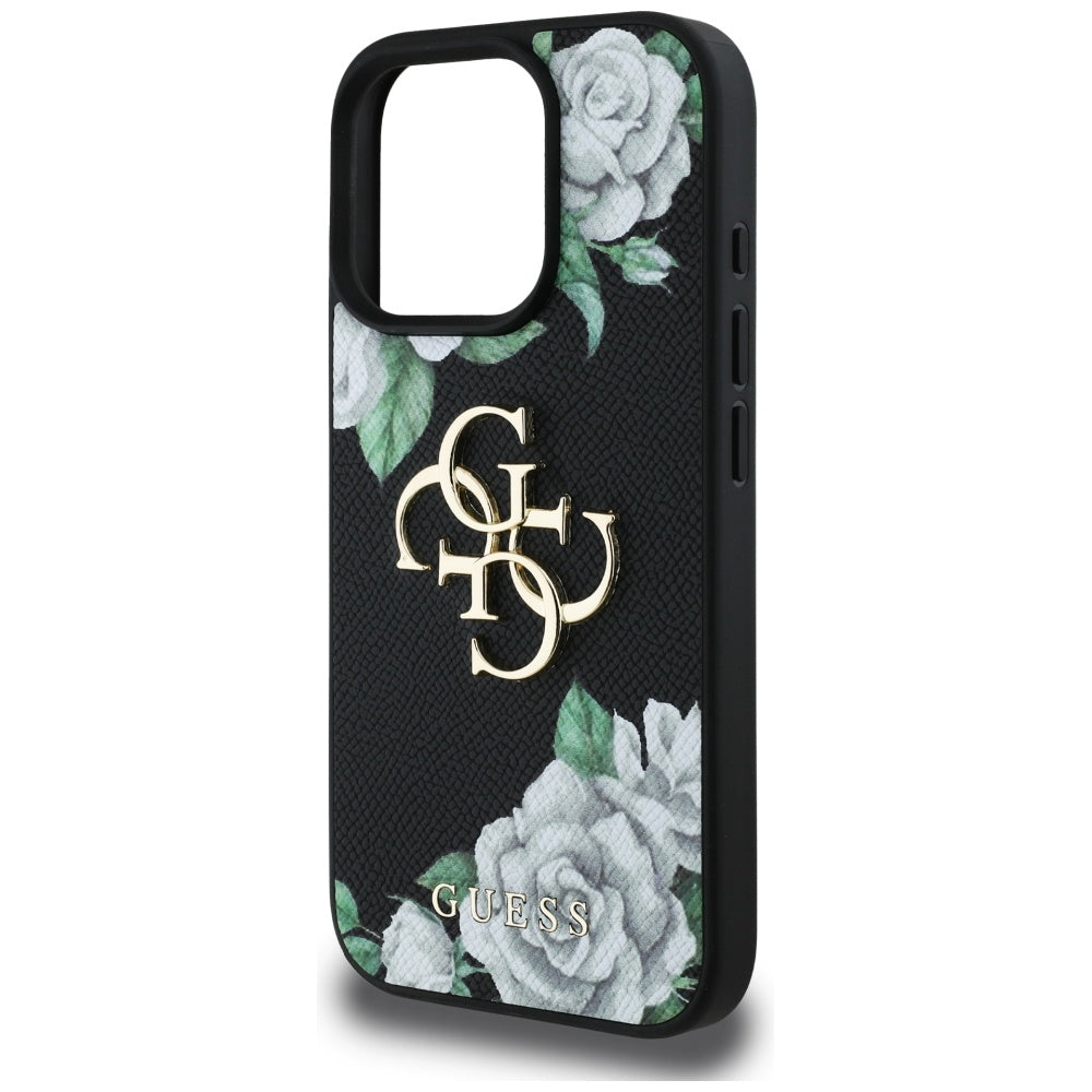 Custodia per Apple iPhone 16 Pro, Guess, 4G Grained Roses Big Logo, Nera