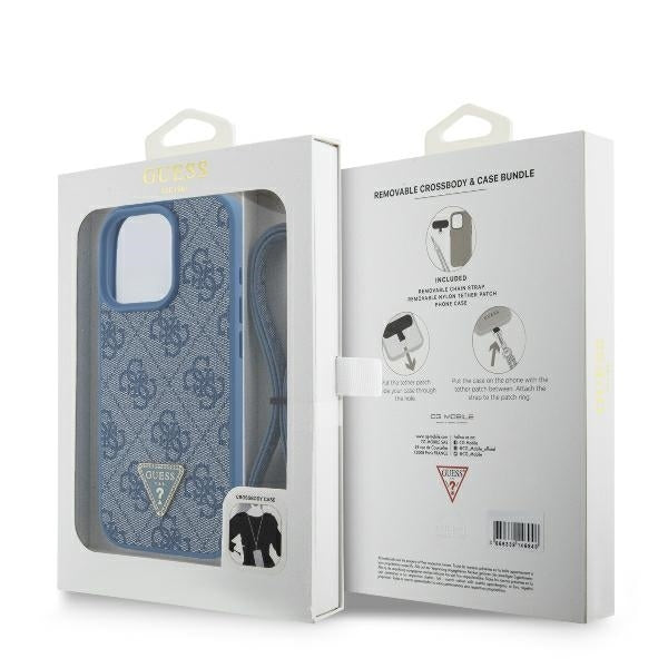 Custodia per Apple iPhone 16 Pro, Guess, Crossbody 4G Triangle Strass, Blu