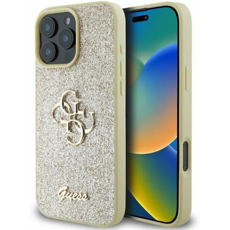 Custodia per Apple iPhone 16 Pro, Guess, Fixed Glitter Big 4G, Dorata