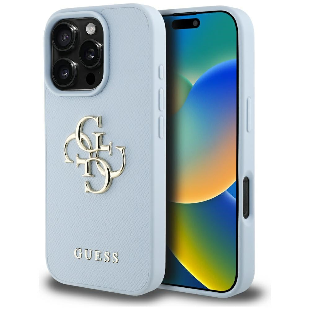 Custodia per Apple iPhone 16 Pro, Guess, Grained Big 4G Logo Small Classic Logo, Blu