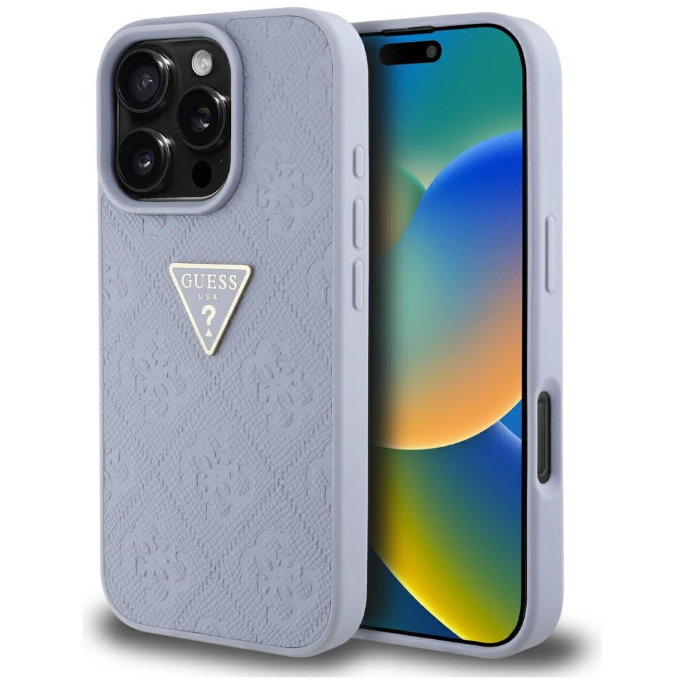 Custodia per Apple iPhone 16 Pro, Guess, Hot Stamp 4G Pattern Triangle Logo, Viola Chiaro.
