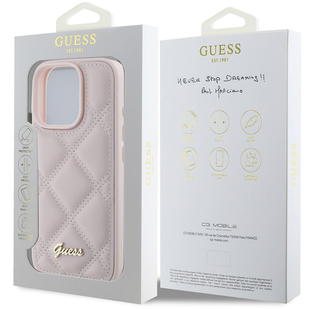 Custodia per Apple iPhone 16 Pro, Guess, Quilted Metal Logo, Rosa