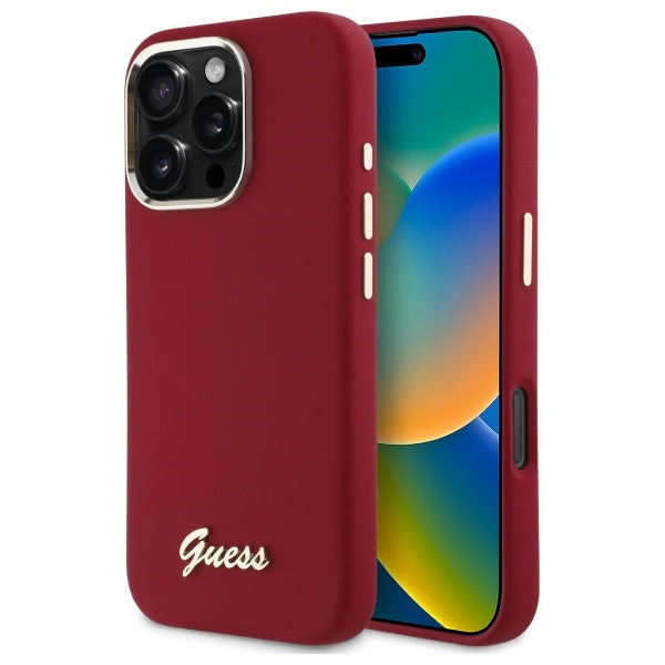 Custodia per Apple iPhone 16 Pro, Guess, Script Metal Logo, Rossa