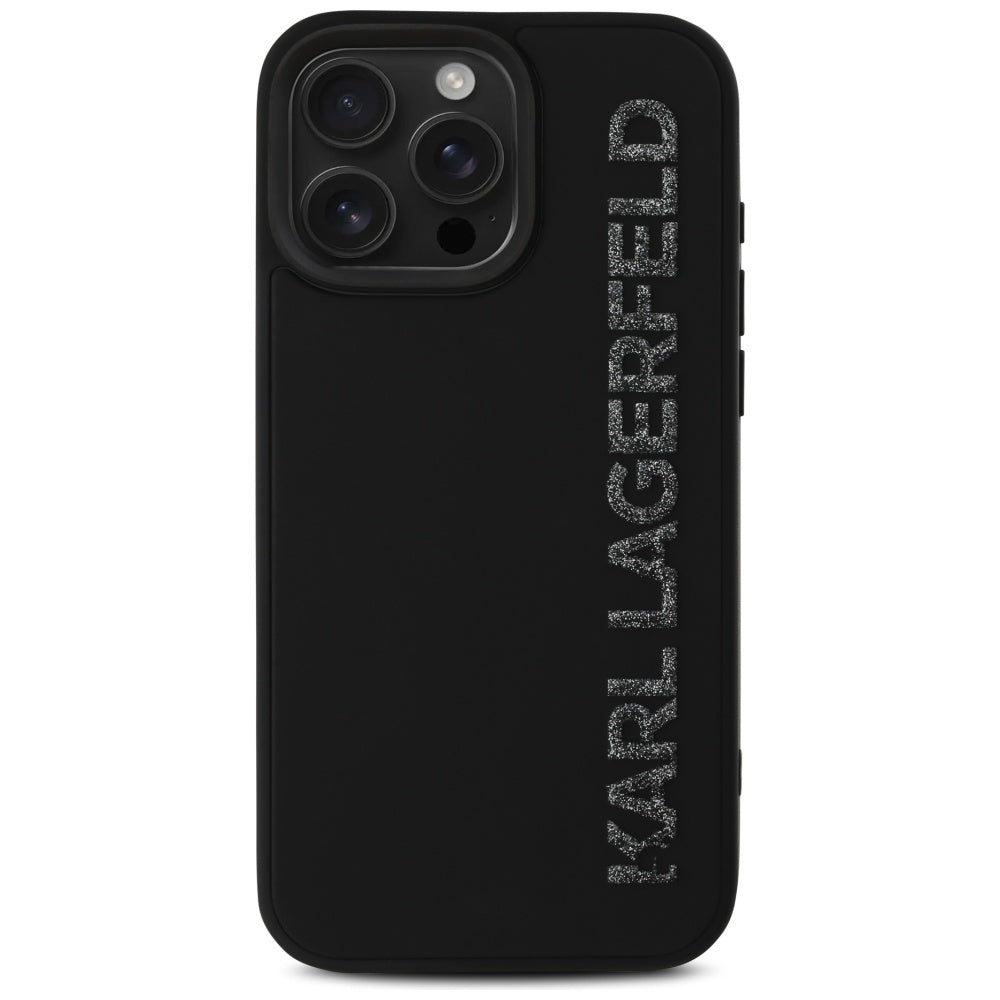 Custodia per Apple iPhone 16 Pro, Karl Lagerfeld, 3D Rubber Elongated Glitter Logo, Nera