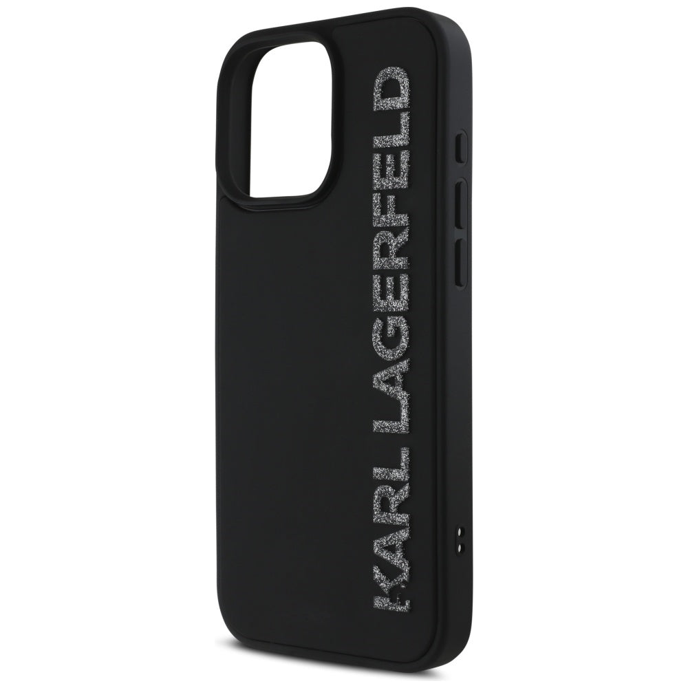 Custodia per Apple iPhone 16 Pro, Karl Lagerfeld, 3D Rubber Elongated Glitter Logo, Nera