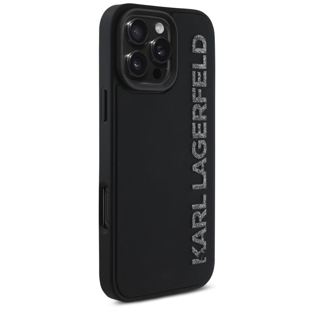Custodia per Apple iPhone 16 Pro, Karl Lagerfeld, 3D Rubber Elongated Glitter Logo, Nera