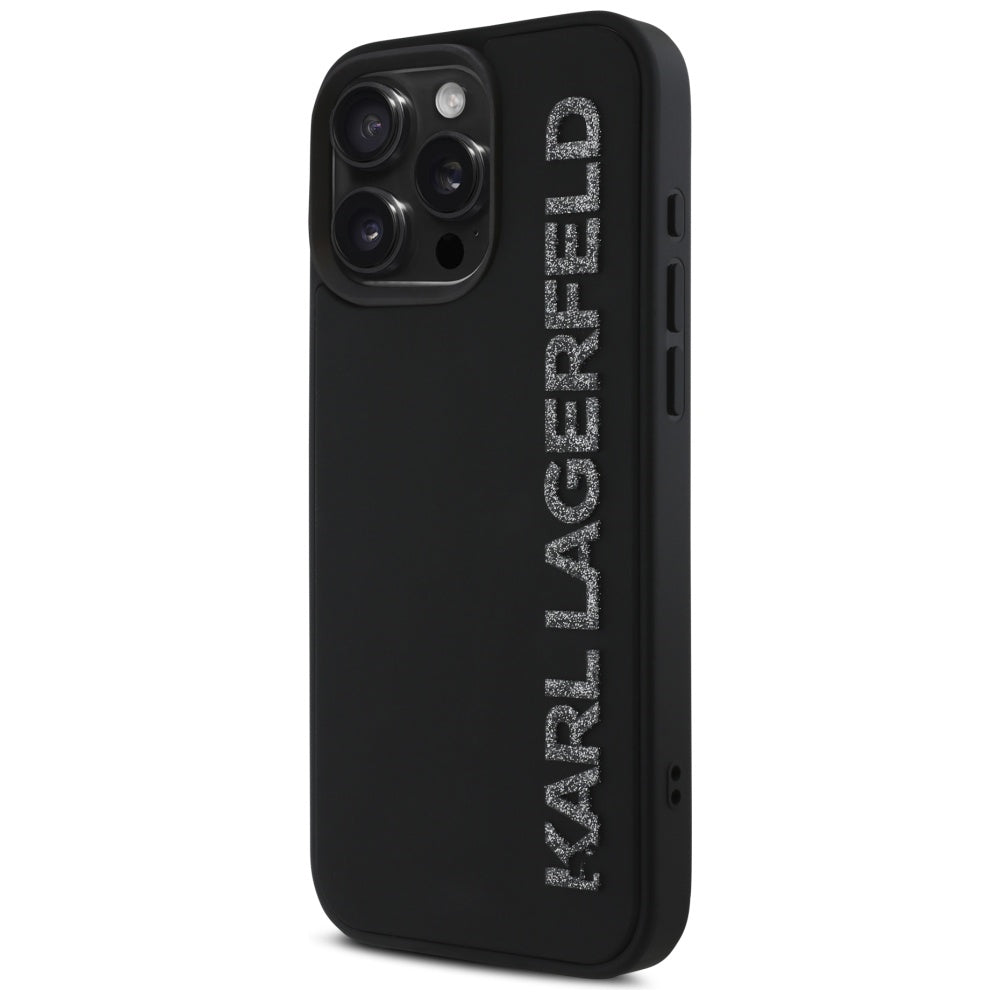 Custodia per Apple iPhone 16 Pro, Karl Lagerfeld, 3D Rubber Elongated Glitter Logo, Nera