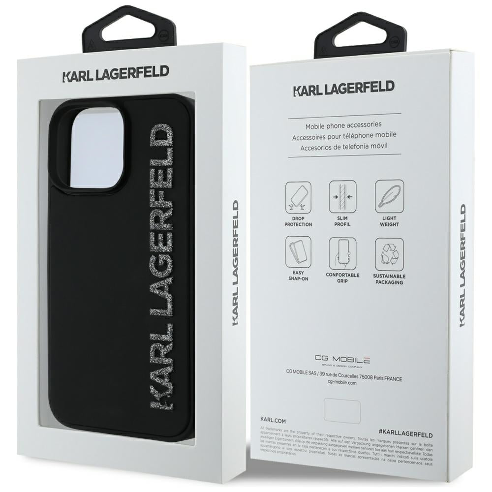 Custodia per Apple iPhone 16 Pro, Karl Lagerfeld, 3D Rubber Elongated Glitter Logo, Nera