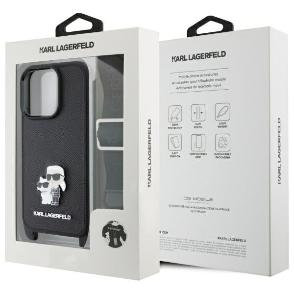 Case for Apple iPhone 16 Pro, Karl Lagerfeld, Saffiano Crossbody Metal Pin Karl & Choupette, Black