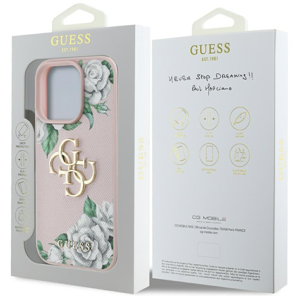 Custodia per Apple iPhone 16 Pro Max, Guess, 4G Grained Roses Big Logo, Rosa