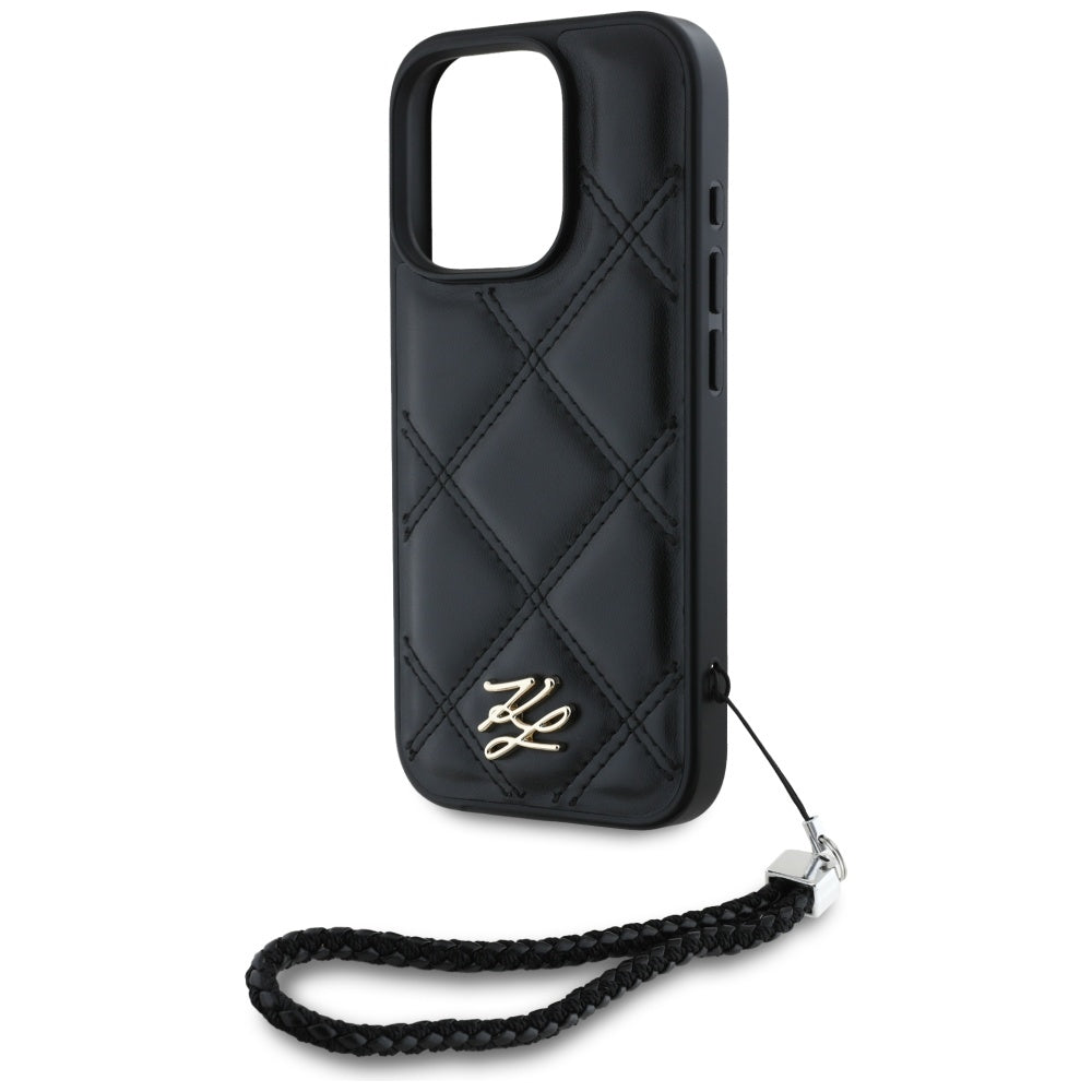 Custodia per Apple iPhone 16 Pro Max, Karl Lagerfeld, Quilted Initial Logo & Chain Strap, Nera