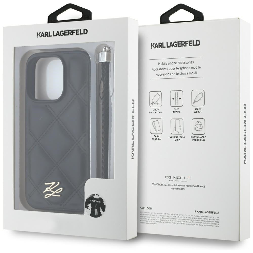 Custodia per Apple iPhone 16 Pro Max, Karl Lagerfeld, Quilted Initial Logo & Chain Strap, Nera