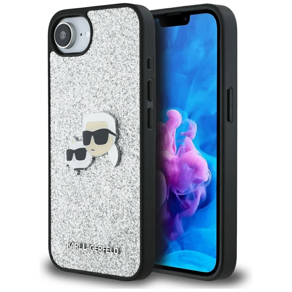 Custodia per Apple iPhone 17e / 16e, Karl Lagerfeld, Glitter Fixed Karl & Choupette's Heads, Argento