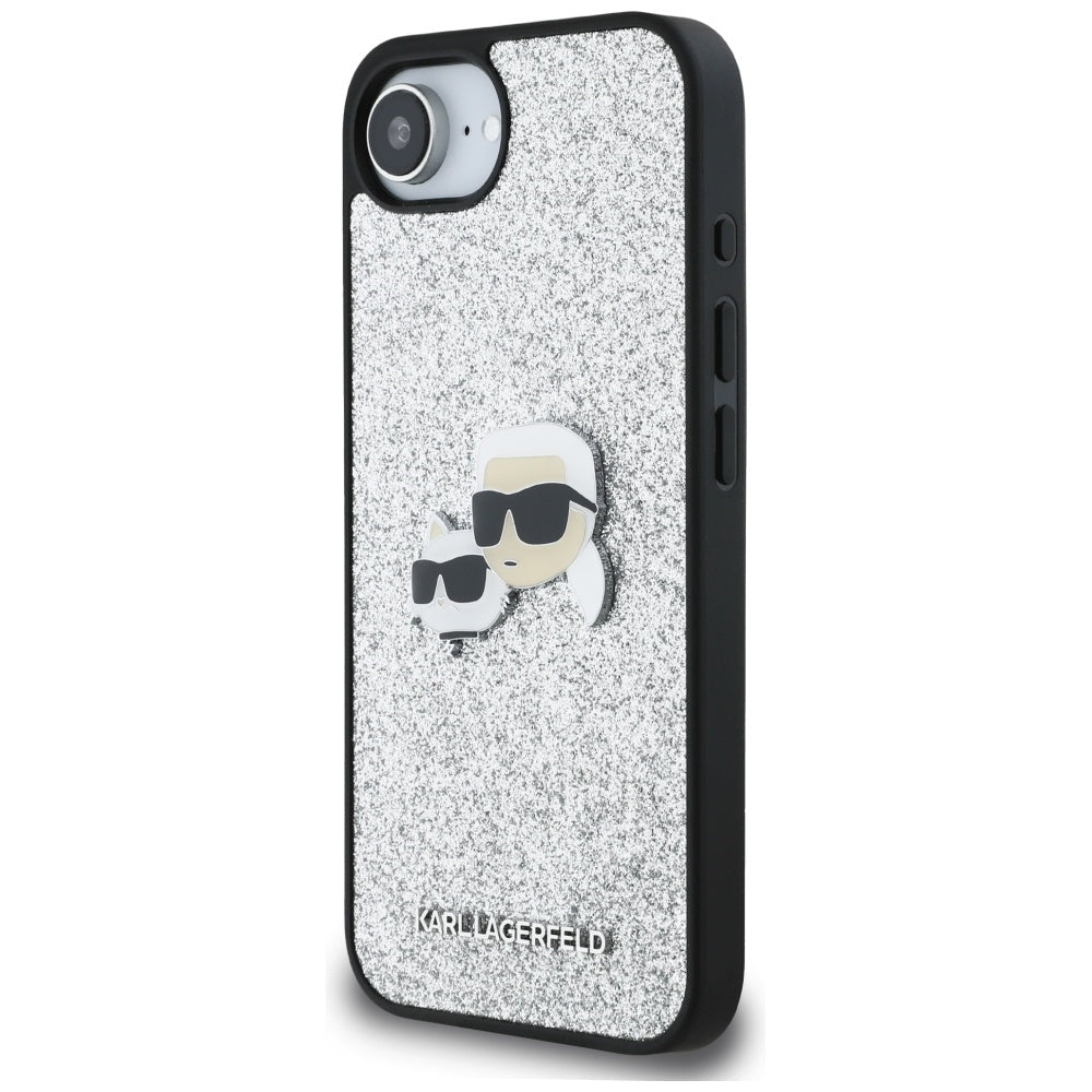Custodia per Apple iPhone 17e / 16e, Karl Lagerfeld, Glitter Fixed Karl & Choupette's Heads, Argento