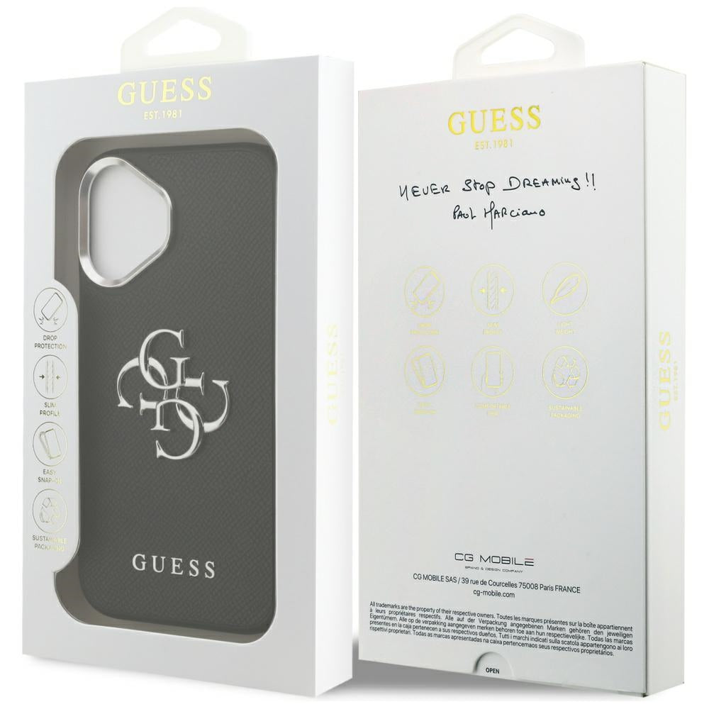 Custodia per Apple iPhone 17, Guess, 4G Grained Big and Classic Logo, Nera Argentata