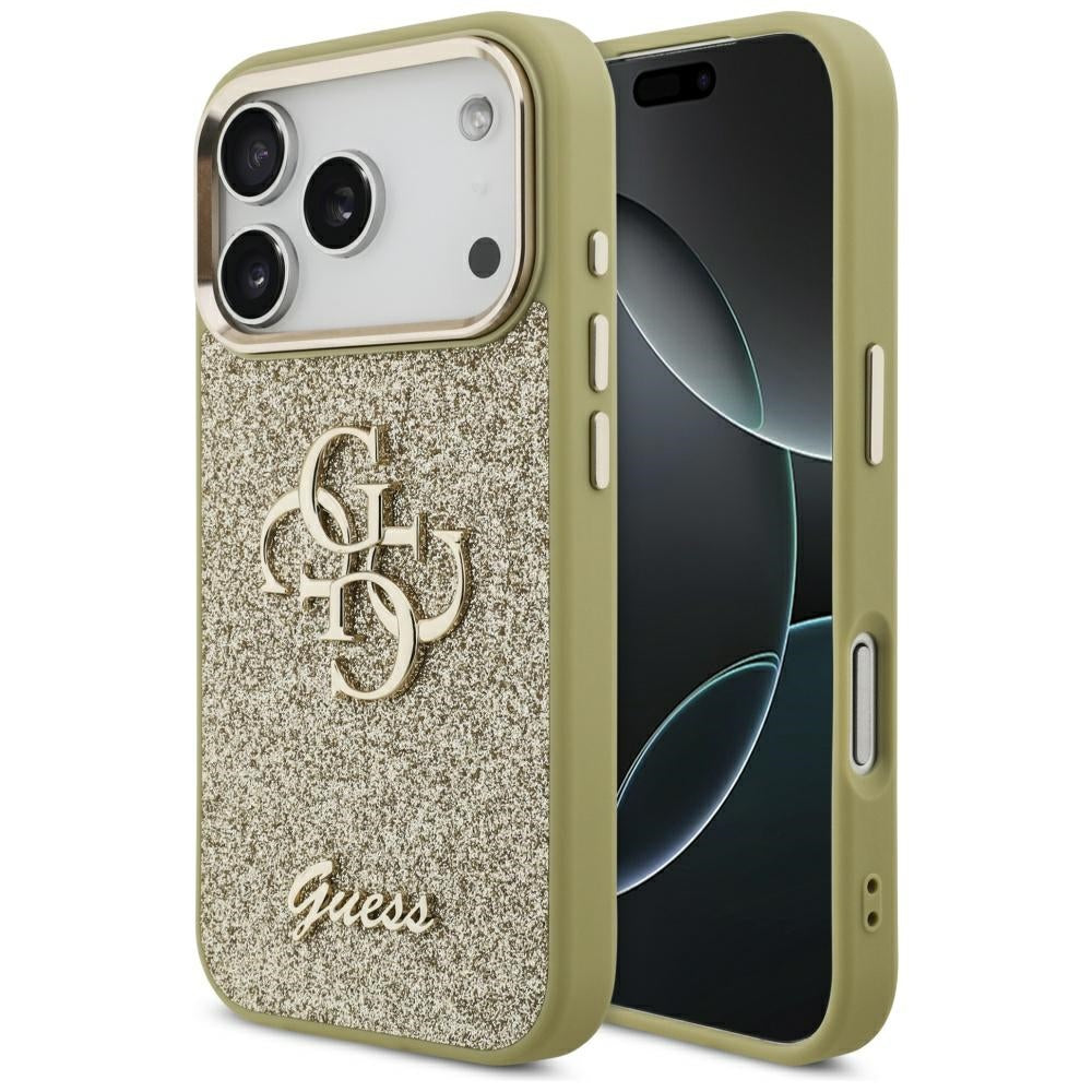 Custodia per Apple iPhone 17 Pro, Guess, Fixed Glitter Big 4G Metal Frame, Dorata