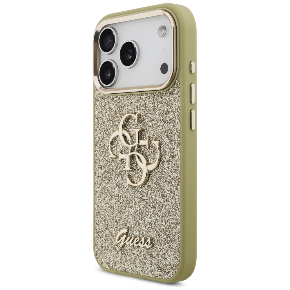 Custodia per Apple iPhone 17 Pro, Guess, Fixed Glitter Big 4G Metal Frame, Dorata