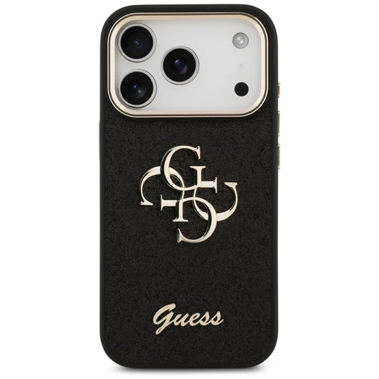 Custodia per Apple iPhone 17 Pro, Guess, Fixed Glitter Big 4G Metal Frame, Nera