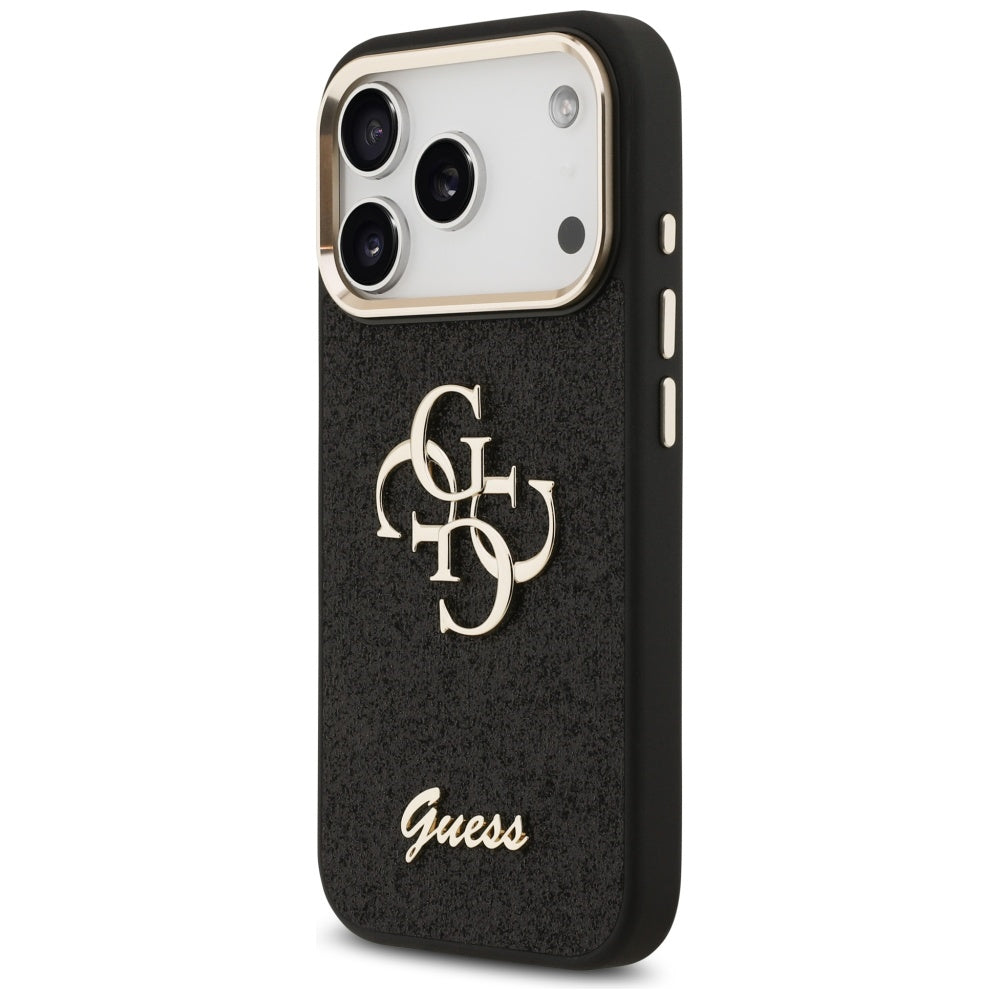 Custodia per Apple iPhone 17 Pro, Guess, Fixed Glitter Big 4G Metal Frame, Nera