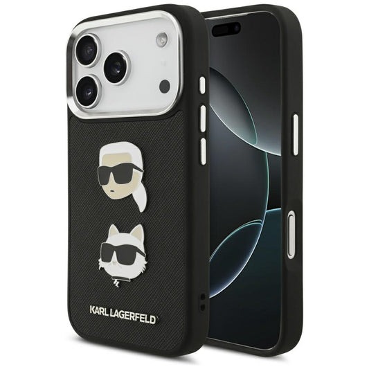Custodia per Apple iPhone 17 Pro, Karl Lagerfeld, Grained Karl & Choupette's Heads Pins and Logo, Nera