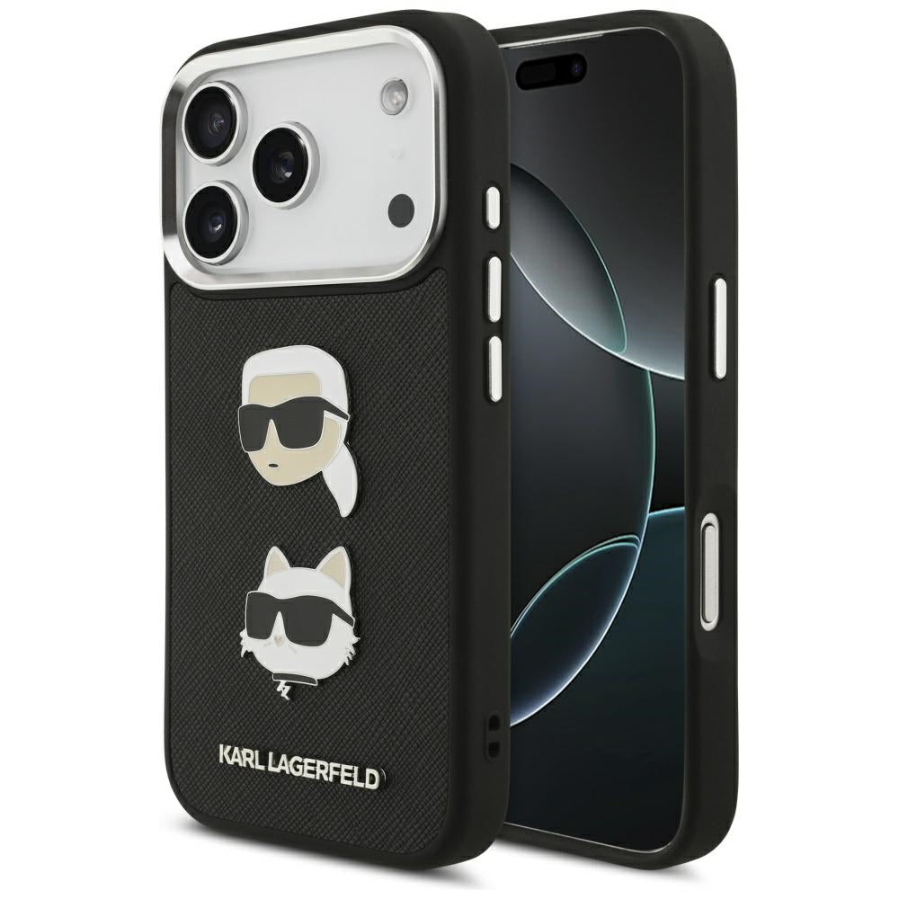 Custodia per Apple iPhone 17 Pro, Karl Lagerfeld, Grained Karl & Choupette's Heads Pins and Logo, Nera