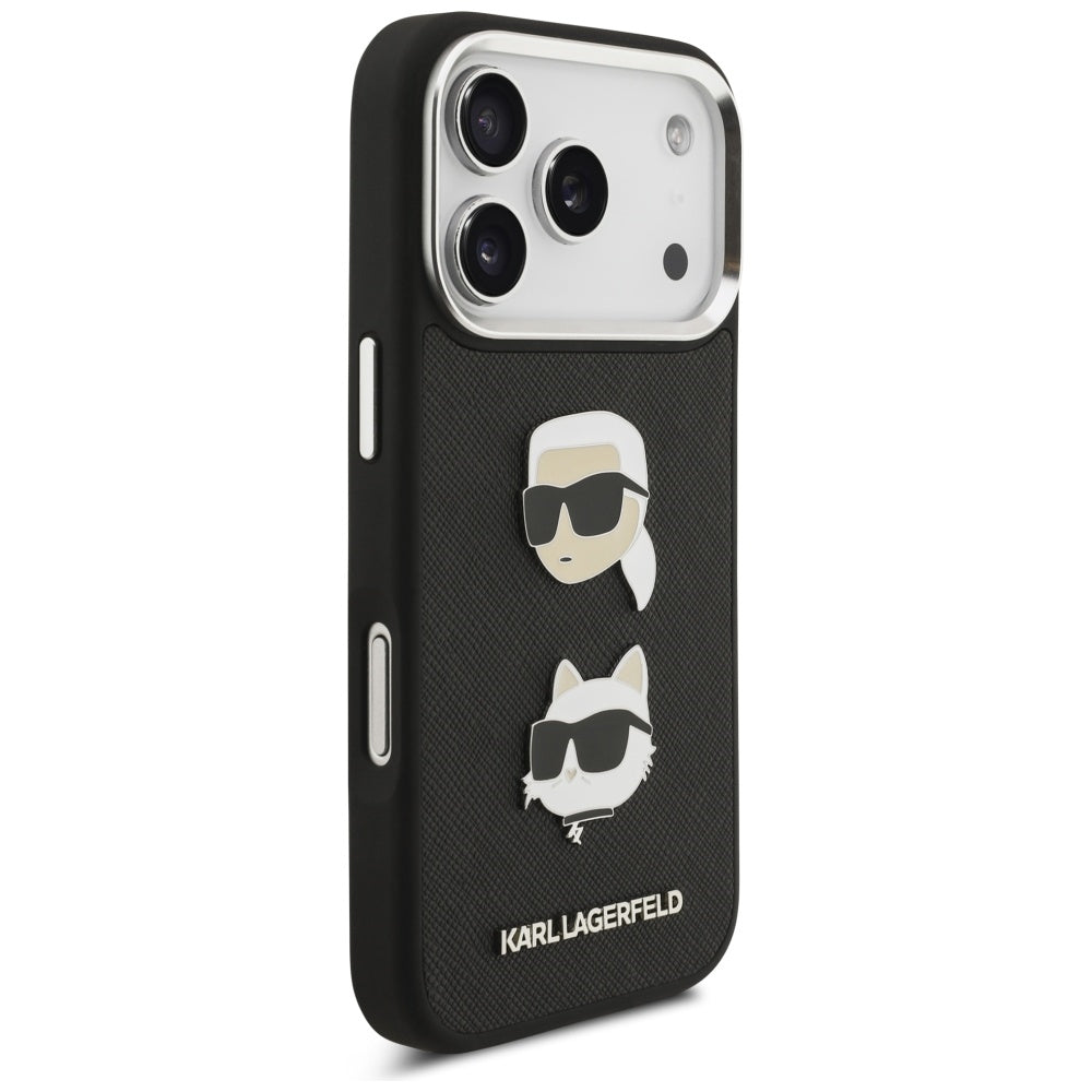Custodia per Apple iPhone 17 Pro, Karl Lagerfeld, Grained Karl & Choupette's Heads Pins and Logo, Nera