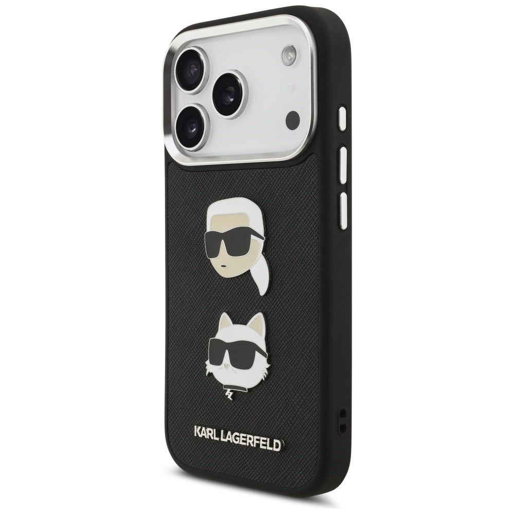 Custodia per Apple iPhone 17 Pro, Karl Lagerfeld, Grained Karl & Choupette's Heads Pins and Logo, Nera