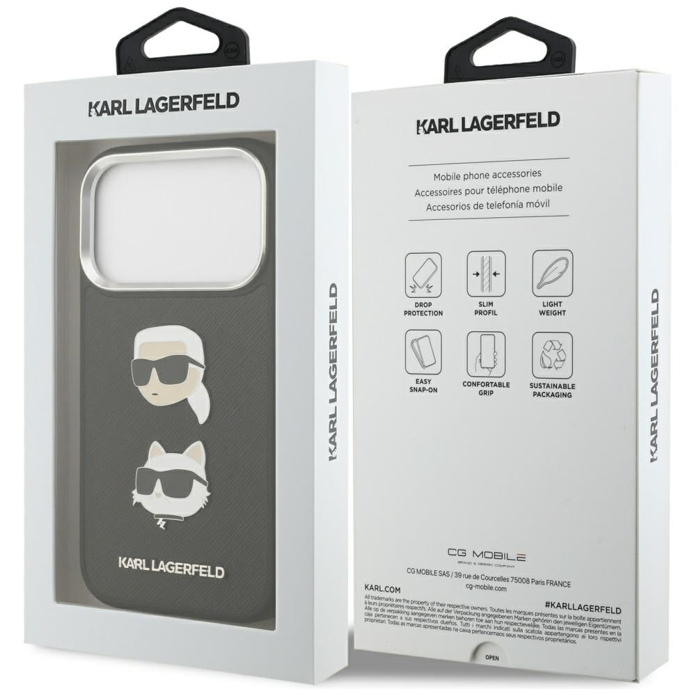 Custodia per Apple iPhone 17 Pro, Karl Lagerfeld, Grained Karl & Choupette's Heads Pins and Logo, Nera