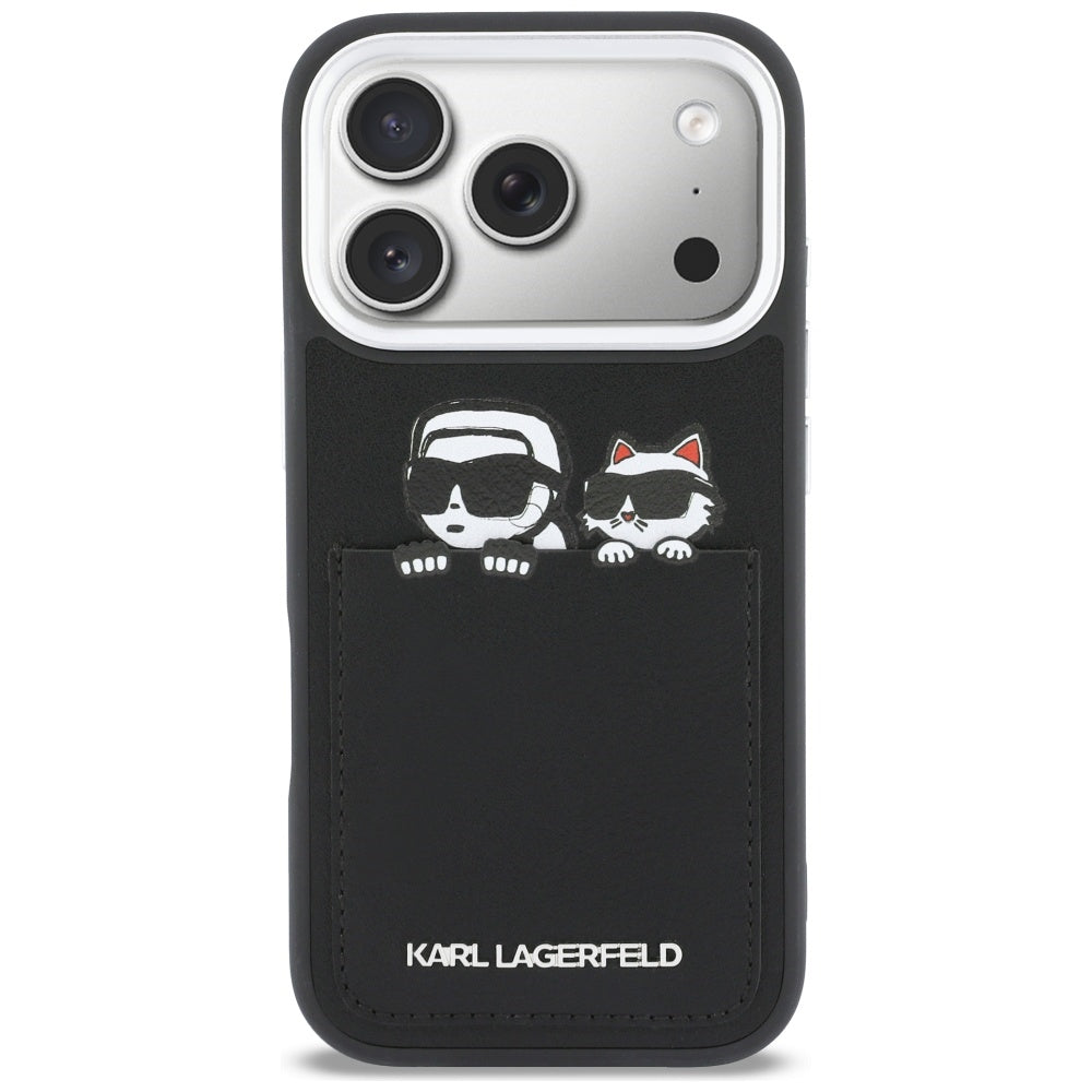 Custodia per Apple iPhone 17 Pro, Karl Lagerfeld, Karl & Choupette Print con tasca, Nera