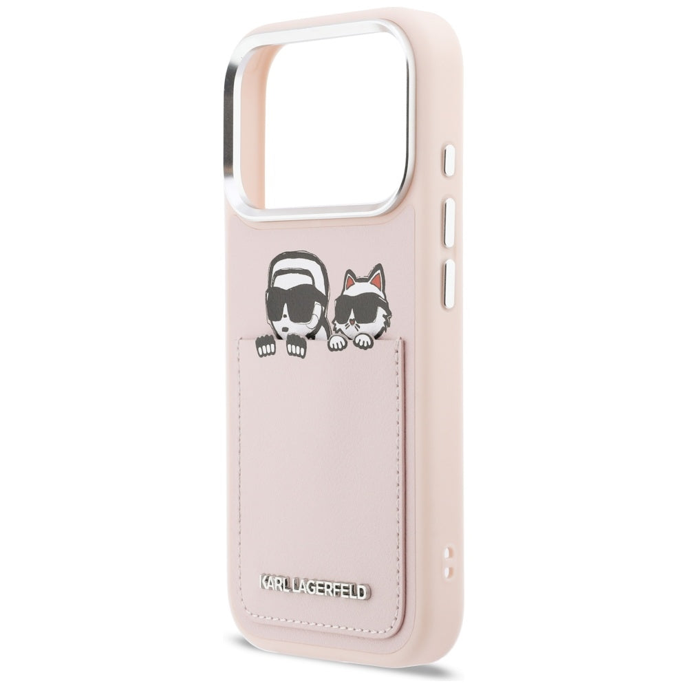 Custodia per Apple iPhone 17 Pro, Karl Lagerfeld, Karl & Choupette Print with Pocket, Rosa