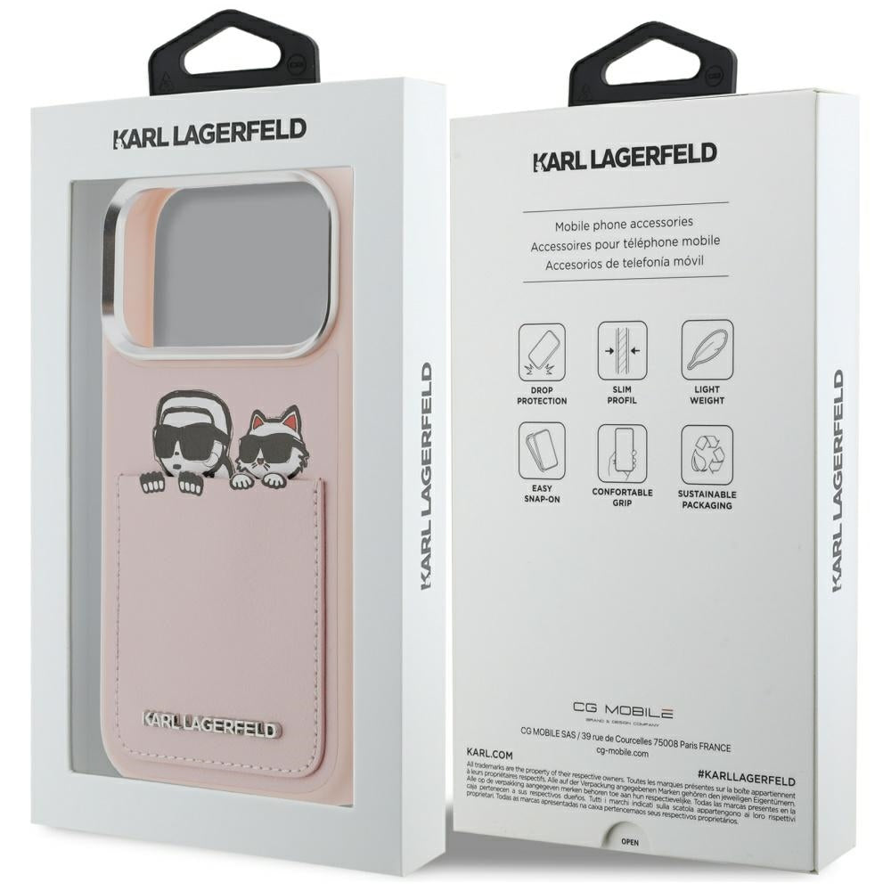 Custodia per Apple iPhone 17 Pro, Karl Lagerfeld, Karl & Choupette Print with Pocket, Rosa