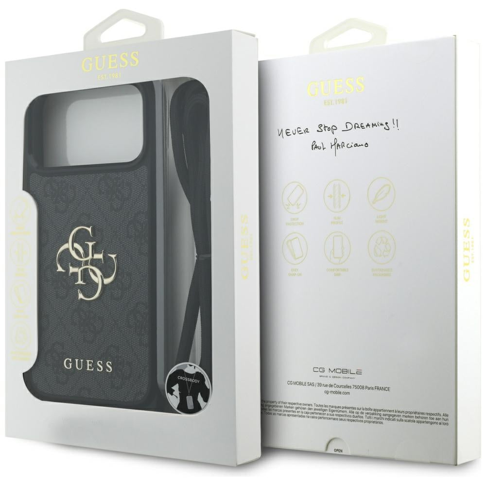 Case for Apple iPhone 17 Pro Max, Guess, 4G CBDY Big Logo with Cord Strap, Black
