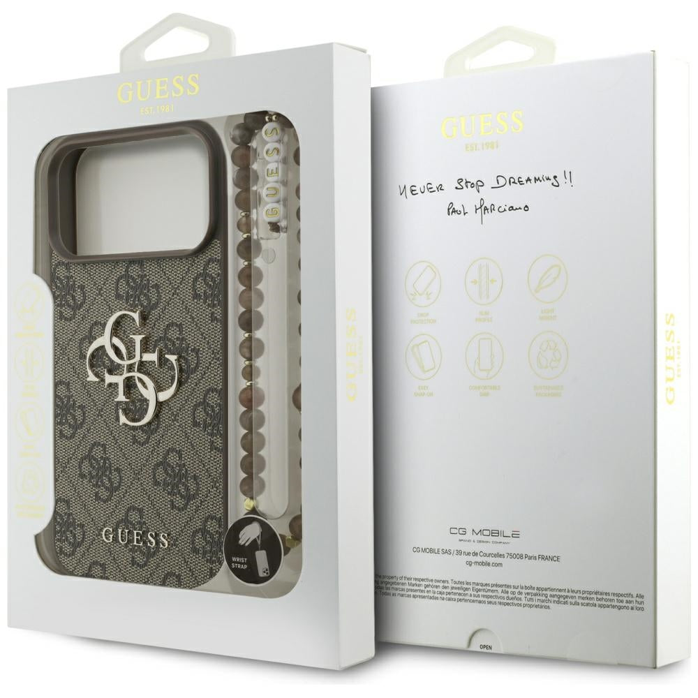 Custodia per Apple iPhone 17 Pro Max, Guess, 4G Classic Logo con Cinturino di Perle, Marrone