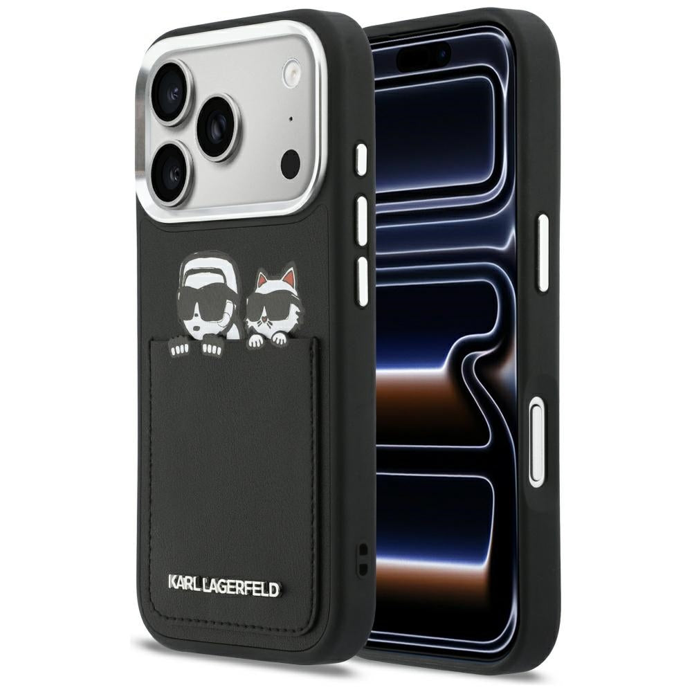 Custodia per Apple iPhone 17 Pro Max, Karl Lagerfeld, Karl & Choupette Print con tasca, Nera