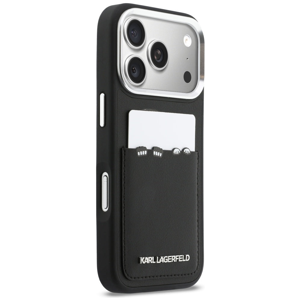 Custodia per Apple iPhone 17 Pro Max, Karl Lagerfeld, Karl & Choupette Print con tasca, Nera